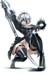  1girl 2b_(nier:automata) black_dress blindfold boots breasts cleavage_cutout closed_mouth clothing_cutout covered_navel dress feather_trim full_body gloves hair_ornament hairband highleg highleg_leotard holding juaag_acgy leotard leotard_under_clothes lips long_sleeves medium_breasts nier:automata nier_(series) puffy_sleeves shadow shiny_clothes shiny_skin short_dress short_hair simple_background solo sword thigh_boots thighhighs thighs virtuous_contract weapon white_background white_hair 