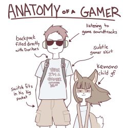  1boy 1girl :3 age_difference anatomy_of_a_gamer_(meme) animal_ears brown_hair brown_shorts child closed_mouth clothes_writing commentary couple cowboy_shot dress english_commentary english_text fox_ears fox_tail furry furry_female furry_with_non-furry glasses grey_shirt headphones height_difference interspecies loli long_hair looking_at_viewer opaque_glasses orenji_(wholesomeorenji) original pedophile print_shirt shirt short_hair short_sleeves shorts simple_background size_difference sleeveless sleeveless_dress source_request standing straight-on sunglasses t-shirt tail third-party_edit white_background 