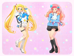  2girls :d :o aikatsu!_(series) aikatsu_friends! bag black_footwear black_nails black_skirt blonde_hair blue_bow blue_cardigan blunt_bangs blush boots border bow cardigan checkered_background choker commentary curly_hair detached_sleeves dot_nose earrings finger_to_own_chin full_body gradient_hair green_eyes grid_background hair_bow hand_up happy heart heart_earrings high_heels highres hinata_ema_(aikatsu_friends!) holding holding_stuffed_toy jewelry legs_together long_hair long_sleeves looking_at_viewer miniskirt multicolored_hair multiple_girls one_eye_closed open_mouth orange_eyes orange_hair pink_hair red_ribbon ribbon rumo salute shirt short_shorts short_sleeves shorts skindentation skirt smile standing standing_on_one_leg stuffed_toy symbol-only_commentary thigh_strap twintails two-tone_hair very_long_hair white_footwear white_shirt white_shorts yuki_aine 