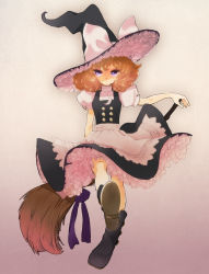  1girl apron black_dress boots broom crescent dress frills full_body gradient_background hat hat_ribbon highres kirisame_marisa light_brown_hair looking_at_viewer noromi outstretched_leg puffy_sleeves purple_eyes ribbon short_hair short_sleeves simple_background solo star_(symbol) touhou turtleneck waist_apron witch_hat 