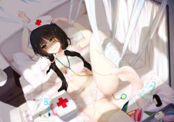  1girl bandages bandaid bandaid_on_stomach bba1985 bed black_hair bra breasts commentary_request date_a_live feet first_aid_kit garter_straps hat heterochromia highres long_hair lying medium_breasts no_shoes nurse nurse_cap panties red_eyes soles solo stethoscope syringe thermometer thighhighs tokisaki_kurumi twintails underwear white_bra white_panties yellow_eyes 