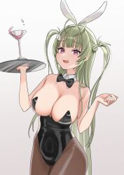  1girl :d animal_ears antenna_hair bare_shoulders black_bow black_bowtie black_leotard bowtie breasts brown_pantyhose cleavage detached_collar fake_animal_ears goddess_of_victory:_nikke green_hair heart_antenna_hair holding large_breasts leotard long_hair mole mole_on_breast open_mouth pantyhose peroinnu pink_eyes playboy_bunny rabbit_ears smile soda_(nikke) soda_(twinkling_bunny)_(nikke) solo strapless strapless_leotard twintails 