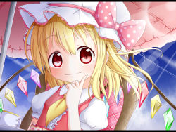  1girl ascot blonde_hair blue_sky cake chair cup dress female_focus flandre_scarlet food hat hat_ribbon highres letterboxed looking_at_viewer makuran mob_cap parasol puffy_sleeves red_dress red_eyes ribbon shirt short_sleeves side_ponytail sky slit_pupils smile solo table teacup touhou umbrella white_hat wings  rating:Sensitive score:5 user:danbooru