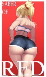  1girl absurdres alternate_ass_size artist_name ass blonde_hair blue_shorts blush braid breasts commentary cutoffs denim denim_shorts english_commentary fate/apocrypha fate/grand_order fate_(series) from_behind green_eyes hair_ornament hand_on_own_hip highres huge_ass looking_at_viewer looking_back mordred_(fate) mordred_(fate/apocrypha) mordred_(memories_at_trifas)_(fate) niflhiem ponytail red_background red_scrunchie scrunchie shorts sideboob sidelocks solo thick_thighs thighs twitter_username watermark white_background wide_hips 