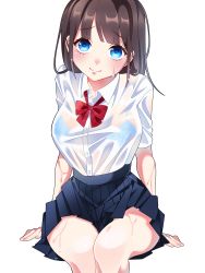 0621ff 1girl absurdres blue_eyes blunt_bangs blush bow bowtie bra bra_visible_through_clothes breasts brown_hair head_tilt highres invisible_chair large_breasts long_hair moe2022 original pleated_skirt school_uniform see-through shirt shirt_tucked_in short_sleeves sitting skirt smile thick_thighs thighs underwear wet wet_clothes wet_shirt rating:Sensitive score:6 user:danbooru