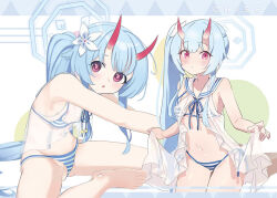 1girl bare_arms bare_legs bare_shoulders barefoot bikini bikini_under_clothes blue_archive blue_hair blush chise_(blue_archive) chise_(swimsuit)_(blue_archive) closed_mouth commentary_request flower goyain hair_flower hair_ornament halo horns long_hair looking_at_viewer multiple_views navel oni oni_horns parted_lips red_eyes see-through side_ponytail standing striped_bikini striped_clothes swimsuit very_long_hair white_flower rating:Sensitive score:12 user:danbooru