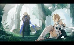  1boy 1girl absurdres anna_(drw01) arch arm_armor bare_shoulders black_cape black_mask blonde_hair blue_cape bug butterfly cape collared_cape commentary_request dainsleif_(genshin_impact) detached_sleeves dress fingerless_gloves flower genshin_impact gloves grass hair_between_eyes hair_flower hair_ornament half_mask high_collar high_heels highres insect lumine_(genshin_impact) mask mask_over_one_eye romper scarf short_hair_with_long_locks sidelocks sitting standing thighhighs two-sided_cape two-sided_fabric white_butterfly white_dress white_flower white_romper white_scarf yellow_eyes 