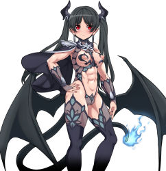  1girl abs absurdres black_hair blue_fire blush breasts demon_girl demon_horns demon_tail demon_wings earrings fat_mons fire hand_on_own_hip highres hoop_earrings horarezonu horns jewelry long_hair looking_at_viewer muscular muscular_female nipples original pointy_ears red_eyes revealing_clothes solo tail twintails wings 