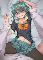  1boy 1girl absurdres admiral_(kancolle) bed_sheet black_pantyhose bow brown_eyes clothes_pull collarbone constricted_pupils crying crying_with_eyes_open gloves green_bow green_hair green_skirt hair_bow highres imminent_rape implied_sex jack_dempa kantai_collection long_hair long_sleeves navel orange_neckwear pantyhose ponytail ribbon scared school_uniform serafuku shirt shirt_pull short_sleeves skirt stomach tears thighs white_gloves white_shirt yuubari_(kancolle)  rating:Explicit score:78 user:danbooru