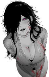  1girl ahegao blood blood_on_arm blood_on_breasts blood_on_clothes blood_on_face blood_on_leg blurry bra bra_peek breasts cleavage collarbone collared_shirt corrupted_twitter_file cowboy_shot cum depth_of_field dress_shirt earrings eyelashes facial from_above hair_down hair_over_one_eye hair_over_shoulder half-closed_eyes highres hyojin jewelry korean_commentary large_breasts long_hair long_sleeves looking_at_viewer looking_up messy_hair mole mole_on_breast mole_under_mouth monochrome no_pants one_eye_covered open_mouth original panties partially_unbuttoned purple_eyes shirt simple_background solo thigh_gap underwear v_arms 