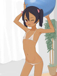  1girl ball bikini black_hair bow cameltoe dark-skinned_female dark_skin female_focus genkimaru hair_bow highres indoors loli micro_bikini navel one_eye_closed open_mouth original pink_bow plant potted_plant see-through short_twintails solo swimsuit twintails  rating:Questionable score:47 user:Dweenie