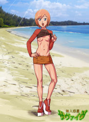  00s 1girl beach blue_eyes breasts clothes_lift copyright_name female_focus highres loli looking_at_viewer luna_(mujin_wakusei_survive) midriff miniskirt mujin_wakusei_survive nature navel nipples no_bra ocean orange_hair outdoors raglan_sleeves shirt_lift short_hair skirt small_breasts smile solo standing water  rating:Questionable score:26 user:tonvenido