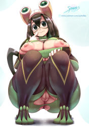 10s 1girl artist_name ass asui_tsuyu black_eyes black_hair bodysuit boku_no_hero_academia breasts cleft_of_venus curvy face_paint gloves highres hip_focus huge_ass huge_breasts legs long_hair looking_at_viewer nipples patreon_username pussy simple_background solo spindles squatting thick_thighs thighs torn_clothes uncensored wardrobe_malfunction white_background white_gloves wide_hips worried rating:Explicit score:155 user:DarkToonLink