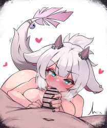  1boy 1girl all_fours animal_ear_piercing animal_ears aqua_eyes artist_name bar_censor bebatch bell black_nails blush breast_press breasts breath censored chimera_girl completely_nude cowboy_shot dot_nose eyebrows eyelashes fellatio fingernails hetero horns indie_virtual_youtuber jingle_bell large_breasts looking_at_viewer medium_hair nail_polish nude oral penis piercing pov pov_crotch saliva simple_background solo_focus sylent_bell tail tongue tongue_out virtual_youtuber white_background white_hair  rating:Explicit score:17 user:Only_Kemonomimi