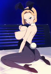  1girl android_18 animal_ears ass bare_shoulders blonde_hair blue_eyes blush bob_cut grabbing_another&#039;s_breast breasts breasts_out dragon_ball dragonball_z earrings fake_animal_ears fake_tail feet female_focus grabbing high_heels hoop_earrings jewelry large_breasts legs leotard looking_at_viewer looking_back nipples pantyhose playboy_bunny quadrastate rabbit_ears short_hair sitting solo tail thighs 