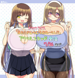  2girls against_glass blue_shirt breasts brown_hair bursting_breasts button_gap cleavage dot_nose eyelashes female_focus hair_between_eyes highres holding_glass huge_breasts japanese_text long_hair looking_at_viewer multiple_girls one_eye_closed open_mouth original pantyhose pink_eyes polka_dot polka_dot_background shirt shuz_(dodidu) skin_tight skindentation skirt thick_thighs thighs translation_request very_long_hair white_shirt wide_hips wink yellow_eyes  rating:Questionable score:29 user:Orphan_crippler