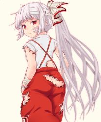 Rule 34 | 1girl, ass, bandage on face, bandages, burnt clothes, butt crack, commentary request, dress shirt, expressionless, fujiwara no mokou, hair ribbon, long hair, looking at viewer, looking back, miyo (ranthath), no panties, red eyes, ribbon, shirt, silver hair, solo, suspenders, touhou, very long hair, white background