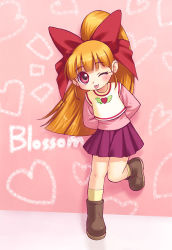Rule 34 | 00s, 1girl, ;p, akazutsumi momoko, arms behind back, blush, bow, brown footwear, brown hair, character name, full body, hair bow, heart, heart background, hyper blossom, kneehighs, layered sleeves, long hair, long sleeves, one eye closed, pink background, pink shirt, ponytail, powerpuff girls, powerpuff girls z, purple skirt, red bow, red eyes, shirt, shoes, short over long sleeves, short sleeves, skirt, socks, solo, standing, standing on one leg, tongue, tongue out, yellow socks