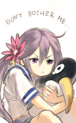 Rule 34 | &gt;:t, 10s, 1girl, :t, akebono (kancolle), bad id, bad pixiv id, beak, bell, hugging doll, english text, failure penguin, flower, had (had314), hair bell, hair flower, hair ornament, kantai collection, hugging object, pleated skirt, pout, purple eyes, purple hair, school uniform, serafuku, side ponytail, sitting, sketch, skirt, stuffed toy, v-shaped eyebrows, white background