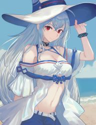 Rule 34 | 1girl, adjusting clothes, adjusting headwear, arknights, bare shoulders, beach, black choker, blue sky, bracelet, breasts, choker, cleavage, commentary request, day, hand up, highres, infection monitor (arknights), jewelry, long hair, looking at viewer, medium breasts, midriff, navel, ocean, off-shoulder shirt, off shoulder, official alternate costume, red eyes, shirt, short sleeves, silver hair, skadi (arknights), skadi (waverider) (arknights), sky, solo, stomach, tanya (tanyaya), upper body, very long hair, water, white headwear, white shirt
