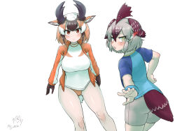 Rule 34 | 2girls, animal ears, annoyed, arms at sides, ass, bare arms, bare legs, bike shorts, bird tail, bird wings, blush, breasts, brown eyes, brown hair, buruma, closed mouth, gloves, greater roadrunner (kemono friends), green eyes, grey hair, hair between eyes, hair tubes, half-closed eyes, hand on own hip, head wings, highres, horizontal pupils, horns, jacket, kemono friends, light brown hair, long sleeves, looking at viewer, looking back, medium hair, miji doujing daile, multicolored hair, multiple girls, open clothes, open jacket, outstretched arm, parted lips, pronghorn (kemono friends), shirt, short sleeves, sidelocks, sportswear, t-shirt, tail, track jacket, turtleneck, v-shaped eyebrows, white hair, wings