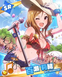 Rule 34 | 10s, 1girl, ;d, armlet, audience, badge, balloon, beamed quavers, blush, breasts, brown hair, card (medium), character name, character signature, cleavage, cowboy hat, cuffs, denim, fringe trim, hat, idolmaster, idolmaster million live!, large breasts, lens flare, looking at viewer, microphone, microphone stand, momose rio, musical note, official art, one eye closed, open mouth, pool, purple eyes, sheriff badge, shirt, signature, smile, tied shirt, wink, wrist cuffs