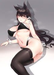 Rule 34 | 1girl, animal ears, ass, atago (azur lane), atago (stunning speedster) (azur lane), azur lane, bare arms, bare shoulders, bikini, black bikini, black hair, black thighhighs, breasts, brown eyes, closed eyes, covering privates, covering ass, feet out of frame, gradient background, grey background, hair between eyes, hair ribbon, jjanda, large breasts, long hair, lying, mole, mole under eye, navel, on side, ribbon, skindentation, solo, steaming body, stomach, swimsuit, thighhighs, underboob, very long hair, white ribbon, wrist cuffs