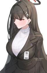Rule 34 | 1girl, arms behind back, black hair, black jacket, black skirt, blazer, blue archive, blush, breasts, commission, gya (144), halo, highres, id card, jacket, large breasts, long hair, looking down, pixiv commission, pleated skirt, red eyes, ribbed sweater, rio (blue archive), simple background, skirt, solo, straight hair, sweater, twitter username, very long hair, white background, white sweater