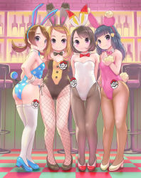 Rule 34 | 4girls, animal ears, arms behind back, azumarill, azumarill (cosplay), bare shoulders, black bow, black eyes, black footwear, black neckwear, blue bow, blue footwear, blue hair, blue leotard, blue neckwear, blush, bottle, bow, bowtie, breasts, brown hair, brown legwear, brown leotard, buneary, buneary (cosplay), bunnelby, bunnelby (cosplay), closed mouth, colored eyelashes, cosplay, covered navel, creatures (company), dawn (pokemon), detached collar, dot nose, fake animal ears, fake tail, fishnet legwear, fishnets, game freak, gen 2 pokemon, gen 4 pokemon, gen 6 pokemon, gen 8 pokemon, gloria (pokemon), hairband, hands on own hips, high heels, highleg, highleg leotard, highres, himeshaga, indoors, leotard, long hair, looking at viewer, lyra (pokemon), medium hair, multiple girls, nintendo, pantyhose, pink bow, playboy bunny, poke ball symbol, pokemon, pokemon dppt, pokemon ears, pokemon hgss, pokemon swsh, pokemon tail, pokemon xy, polka dot, purple eyes, rabbit ears, red bow, red footwear, red neckwear, scorbunny, scorbunny (cosplay), serena (pokemon), side-tie leotard, skindentation, small breasts, smile, standing, stool, tail, thighhighs, tile floor, tiles, twintails, white legwear, white leotard, wine bottle, wrist cuffs, yellow footwear