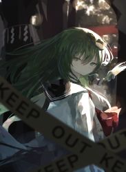 Rule 34 | 1girl, absurdres, agasa (akasa anodan), ascot, blurry, caution tape, commentary request, day, depth of field, expressionless, forest, frog hair ornament, from behind, green eyes, green hair, hair between eyes, hair ornament, highres, keep out, kochiya sanae, long hair, long sleeves, looking at viewer, nature, red ascot, sailor collar, sailor shirt, school uniform, shide, shirt, snake hair ornament, solo, torii, touhou, tree, upper body, white shirt