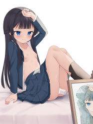 Rule 34 | 1girl, arm up, bar censor, bed sheet, black hair, black socks, blazer, blue eyes, blue jacket, blue skirt, blush, breasts, censored, closed mouth, collared shirt, commentary request, commission, feet out of frame, half updo, idolmaster, idolmaster million live!, jacket, long hair, long sleeves, looking at viewer, mogami shizuka, nipples, object insertion, open clothes, open jacket, open shirt, pixiv commission, pleated skirt, pussy juice, sex toy, shirt, simple background, skirt, small breasts, socks, solo, usagimiko, vaginal, vaginal object insertion, very long hair, vibrator, white background, white shirt