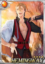 Rule 34 | 1boy, blonde hair, blue eyes, card (medium), gun, hair between eyes, hemingway (sid story), jit, looking away, looking to the side, pectoral cleavage, male focus, open clothes, open shirt, outdoors, pectorals, rifle, sid story, sky, smile, solo, sunset, weapon