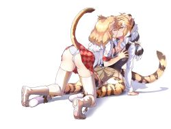 Rule 34 | 2girls, absurdres, ahoge, animal ears, animal print, blonde hair, blush, bow, boy (pixiv17542438), grabbing another&#039;s breast, breasts, brown eyes, cleavage, commentary, closed eyes, grabbing, hair bow, highres, kemono friends, kiss, kneeling, large breasts, lion (kemono friends), lion ears, lion girl, lion tail, long hair, medium hair, multiple girls, necktie, panties, shirt, shoes, siberian tiger (kemono friends), simple background, sitting, skirt, tail, thighhighs, tiger ears, tiger girl, tiger print, tiger tail, underwear, white background, yuri