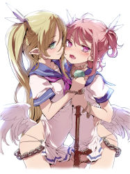Rule 34 | 2girls, ahoge, angel wings, aqua eyes, blonde hair, bracelet, chain, collar, commentary request, cross, cross earrings, dress, earrings, fang, hair ornament, highres, jewelry, long hair, mochi (circle rin), multiple girls, original, pink eyes, pink hair, pointy ears, rossweisse (mochi), sailor dress, short hair, short twintails, smile, twintails, wings