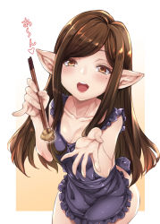 Rule 34 | 10s, 1girl, apron, arulumaya, blush, brown eyes, brown hair, chopsticks, collarbone, food, granblue fantasy, harvin, harvin, heart, long hair, looking at viewer, mole, mole under eye, mushi024, naked apron, open mouth, pointy ears, simple background, smile, solo, teeth