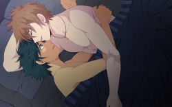 Rule 34 | 2boys, abs, bed, blanket, blush, game cg, green eyes, jewelry, kano haruyuki, looking at another, lying, male focus, mazjojo, multiple boys, muscular, necklace, on side, pillow, pink eyes, sato hideaki, topless male, sleep over, smile, yaoi