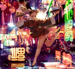 Rule 34 | 1girl, bamboo steamer, brown eyes, brown hair, chinese clothes, chinese text, double bun, earrings, eyeliner, food, hair bun, highres, jewelry, leg up, looking at viewer, makeup, neon lights, nshi, open mouth, original, parted bangs, plate, puddle, reflection, shorts, socks, solo, statue, tiptoes, white socks
