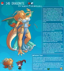 Rule 34 | 1boy, 1girl, animal feet, artist name, blue background, blue dress, breasts, character name, character profile, claws, cleavage, colored skin, commentary, creatures (company), curvy, dragon girl, dragonite, dress, english commentary, english text, game freak, gen 1 pokemon, hat feather, highres, kinkymation, large breasts, long hair, monster girl, nintendo, orange hair, orange skin, personification, poke ball, poke ball (basic), pokemon, purple hair, tail, talons, tiara, wings