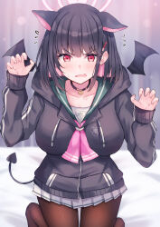 Rule 34 | 1girl, black choker, black hair, black jacket, blue archive, breasts, brown pantyhose, choker, fang, flying sweatdrops, green sailor collar, halo, highres, hood, hooded jacket, jacket, kazusa (blue archive), large breasts, looking at viewer, mi taro333, open mouth, pantyhose, pink hair, pink halo, pleated skirt, red eyes, sailor collar, short hair, skin fang, skirt, solo, white skirt