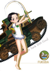 Rule 34 | 10s, 1girl, absurdres, barefoot, black hair, blush, breasts, brown eyes, clothes lift, feet, fishing, fishing line, fukuda haru, full body, girls und panzer, glasses, highres, skirt, skirt lift, small breasts, solo, standing, swimsuit, twintails