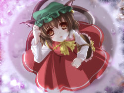 Rule 34 | 1girl, animal ears, basket, blush stickers, breath, brown eyes, brown hair, cat ears, cat girl, cat tail, chen, dress, earrings, fang, female focus, from above, hat, highres, holding, holding clothes, holding hat, jewelry, looking up, monety, open mouth, ribbon, short hair, solo, tail, touhou, water drop