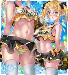 Rule 34 | 1girl, alternate costume, battle girl high school, blonde hair, blue eyes, blush, breasts, cheerleader, collarbone, commentary request, commission, fortissimo, hair ornament, kougami kanon, looking at viewer, macaroni hourensou, medium breasts, medium hair, musical note, musical note hair ornament, navel, open mouth, panties, pom pom (cheerleading), signature, skeb commission, solo, striped clothes, striped panties, sweat, thighhighs, underwear, white thighhighs