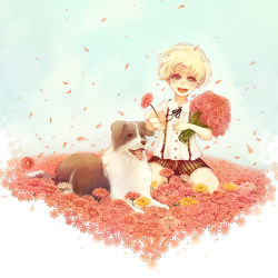 Rule 34 | 1boy, aged down, bad id, bad pixiv id, blonde hair, child, dog, flower, male focus, manbou no suiso, original, petals, short hair, shorts, solo