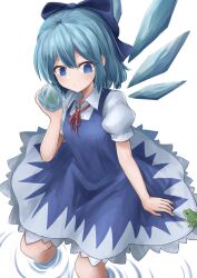 Rule 34 | arm support, blue bow, blue dress, blue eyes, blue hair, bow, cirno, collared dress, dress, expressionless, frog, frozen frog, hair bow, highres, holding, ice, ice wings, invisible chair, looking at animal, magarikado (mgrkd), puffy short sleeves, puffy sleeves, red ribbon, ribbon, short hair, short sleeves, sitting, soaking feet, touhou, water, white background, wing collar, wings