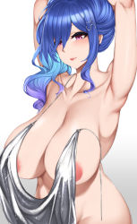 Rule 34 | 1girl, areola slip, arm above head, armpits, arms up, azur lane, backless dress, backless outfit, blue hair, breasts, curvy, dantes ward, dress, evening gown, gradient background, grey dress, hair between eyes, hair ornament, hairclip, halter dress, halterneck, highres, jewelry, large areolae, large breasts, no bra, pink eyes, plunging neckline, revealing clothes, side ponytail, sidelocks, silver dress, simple background, smile, st. louis (azur lane), st. louis (luxurious wheels) (azur lane), strap slip, thighs