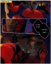 Rule 34 | 2boys, absurdres, bara, black hair, blue bodysuit, bodysuit, closed eyes, comic, couple, dark-skinned male, dark skin, english text, facial hair, french kiss, hand on another&#039;s face, highres, kiss, male focus, marvel, miguel o&#039;hara, multiple boys, muscular, muscular male, p1nkmic, peter b parker, red bodysuit, saliva, saliva trail, short hair, spider-man: across the spider-verse, spider-man (series), spider-verse, tongue, tongue out, twitter username, two-tone bodysuit, yaoi