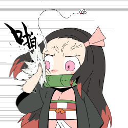 Rule 34 | 1girl, angry, bamboo, bit gag, black hair, bug, checkered sash, chibi, chinese commentary, chinese text, commentary request, cowboy shot, gag, hair ribbon, haori, highres, insect, japanese clothes, kamado nezuko, kimetsu no yaiba, kimono, looking to the side, miin miin, mosquito, motion blur, motion lines, mouth hold, multicolored hair, obi, pink eyes, pink kimono, pink ribbon, red hair, ribbon, sash, slapping, solo, veins
