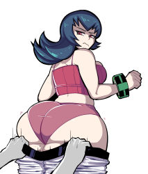 Rule 34 | 1girl, annoyed, ass, assisted exposure, bare shoulders, belt, blue hair, bracelet, breasts, clothes pull, creatures (company), crop top, game freak, gerard burn, highres, huge ass, jewelry, long hair, looking back, nintendo, panties, pants, pants pull, pantsing, pink eyes, pink panties, pokemon, pokemon hgss, sabrina (pokemon), sideboob, solo, thick thighs, thighs, underwear, white background, white pants, wide hips