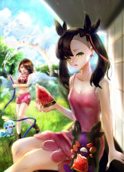 Rule 34 | 2girls, ;d, bike shorts, black hair, breasts, brown eyes, brown hair, cleavage, cloud, collarbone, commentary request, creatures (company), day, dress, earrings, food, fruit, game freak, gen 8 pokemon, gloria (pokemon), grass, green eyes, hair ribbon, highres, holding, hose, jewelry, knees, marnie (pokemon), morpeko, morpeko (hangry), multiple girls, nail polish, nintendo, one eye closed, open mouth, outdoors, pink dress, pokemon, pokemon (creature), pokemon swsh, ribbon, sitting, sky, smile, sobble, sports bra, standing, sweat, tsukigime (fool ehle), twintails, watermelon, watermelon slice