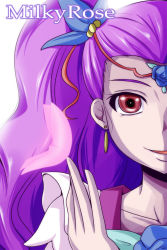 Rule 34 | 00s, 1girl, bloom, character name, circlet, earrings, flower, highres, jewelry, long hair, magical girl, milk (yes! precure 5), milky rose, mimino kurumi, nishi koutarou, out of frame, portrait, precure, purple hair, red eyes, simple background, smile, solo, white background, yes! precure 5, yes! precure 5 gogo!